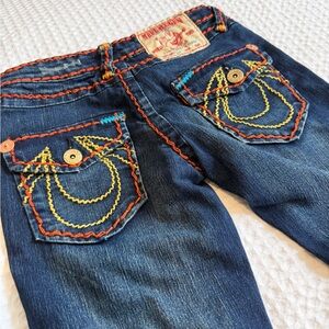 True Religion Dark Blue Yellow & Orange Embroidered Jeans